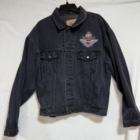 Harley Davidson Jean Jacket Men’s XL Miller Genuine Draft Pockets Denim Black - Picture 2 of 10